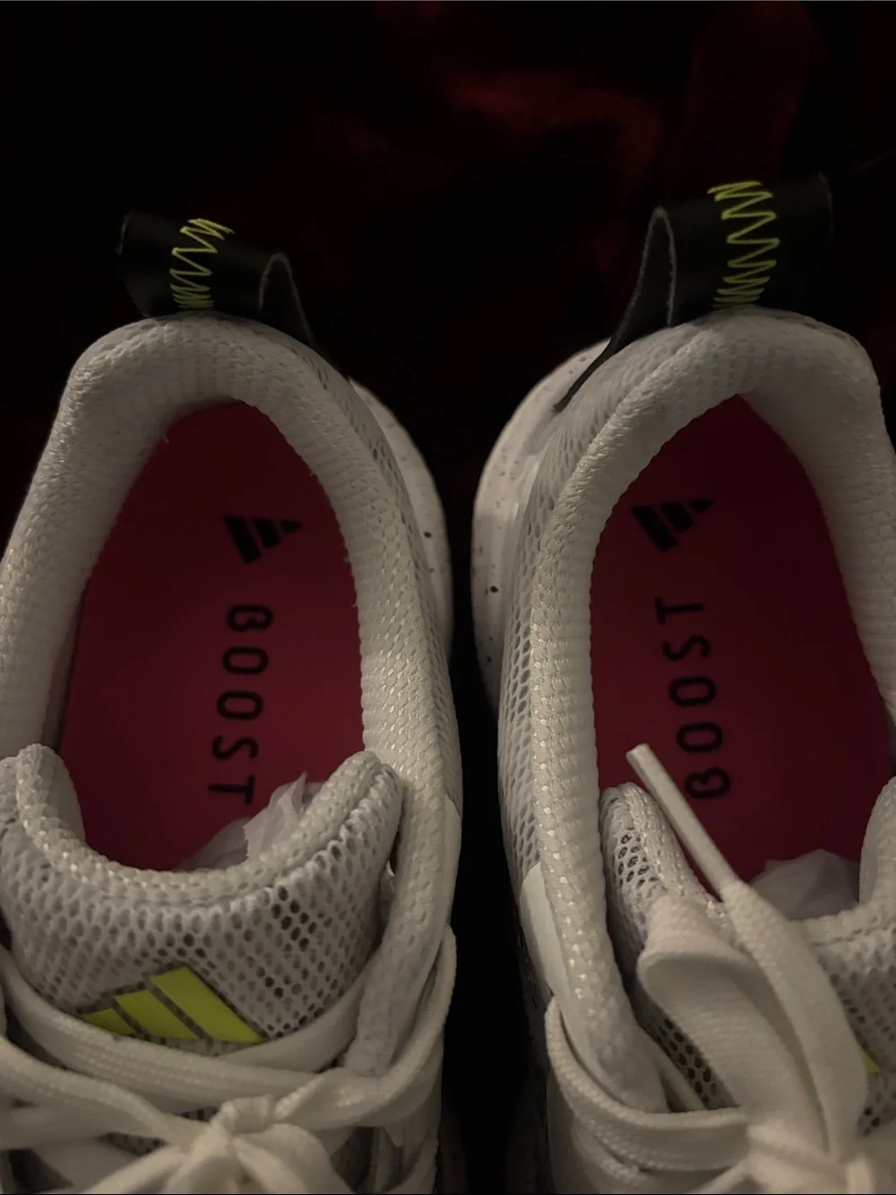 adidas White Athletic Running Shoes with Black and Lime Accents